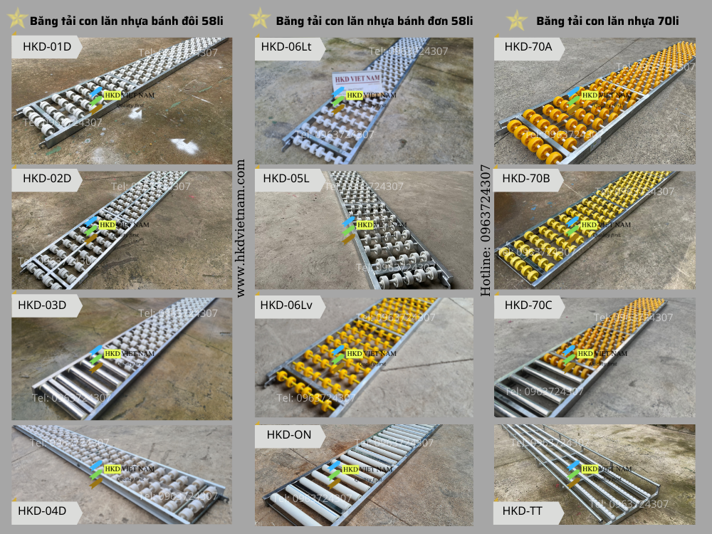 sản phẩm băng tải con lăn nhựa giá rẻ chất lượng tốt, bảo hành 1 năm, không bể, không cong bánh mua tại HKD Vietnam