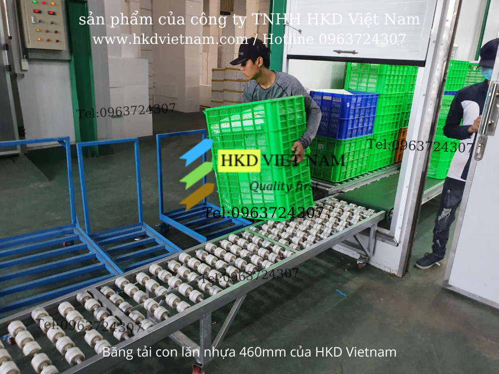 Con lăn băng tải nhựa chuyển các khay nhựa đựng trái cây mua tại HKD